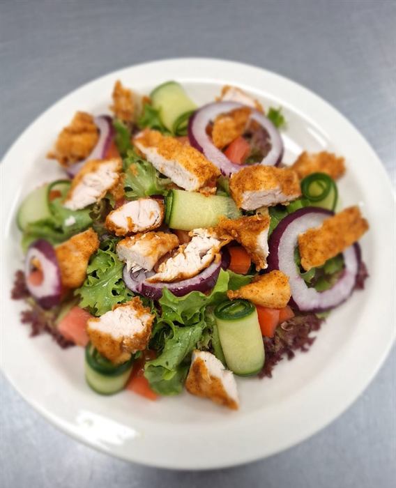 Sliced grilled chicken over leaves with cucumber, tomato and red onion
