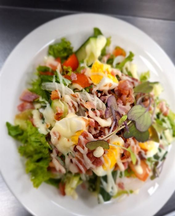 Garden salad with ham, boiled egg, tomato and peppers under a dressing drizzle