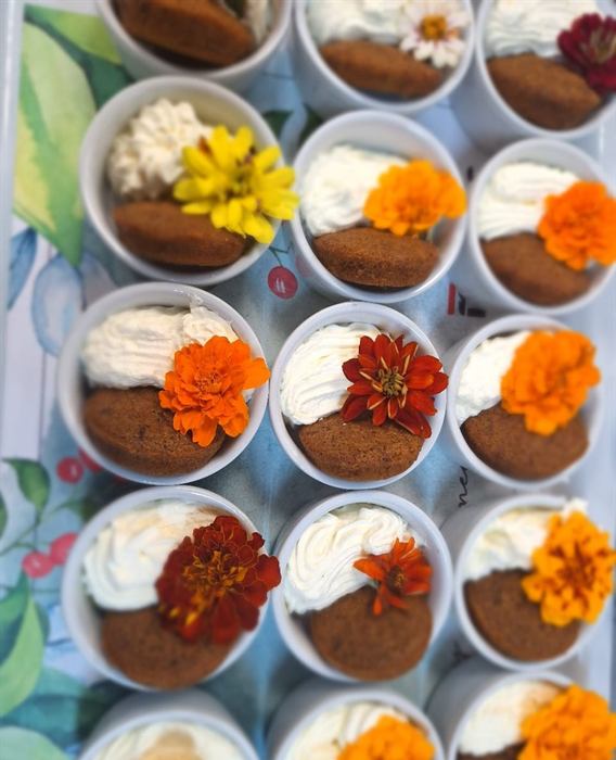 Rows of dessert cups topped with cream and edible flowers, ready for service